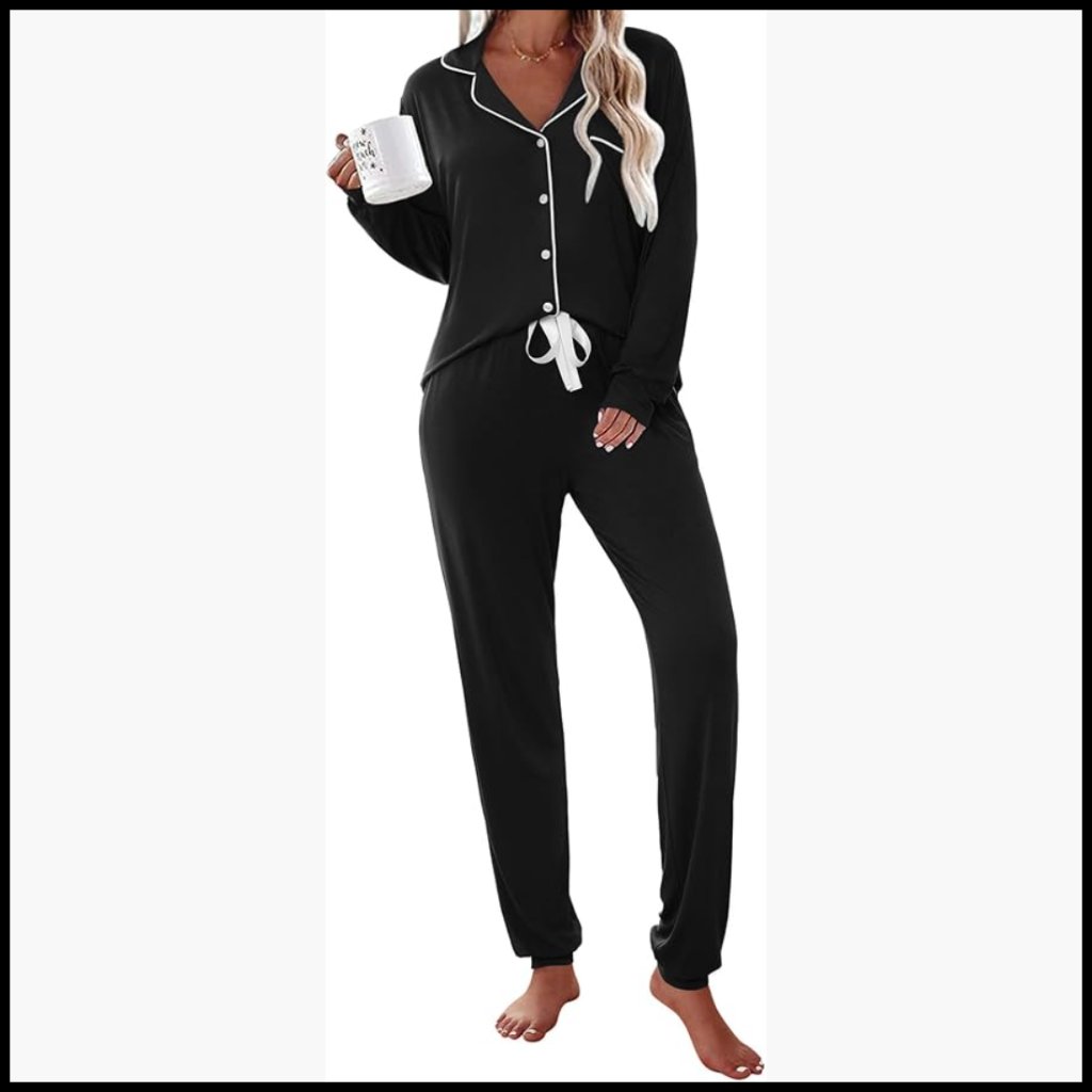 Long Sleeve Button Down Pajama Set With Pockets, Modal Cotton